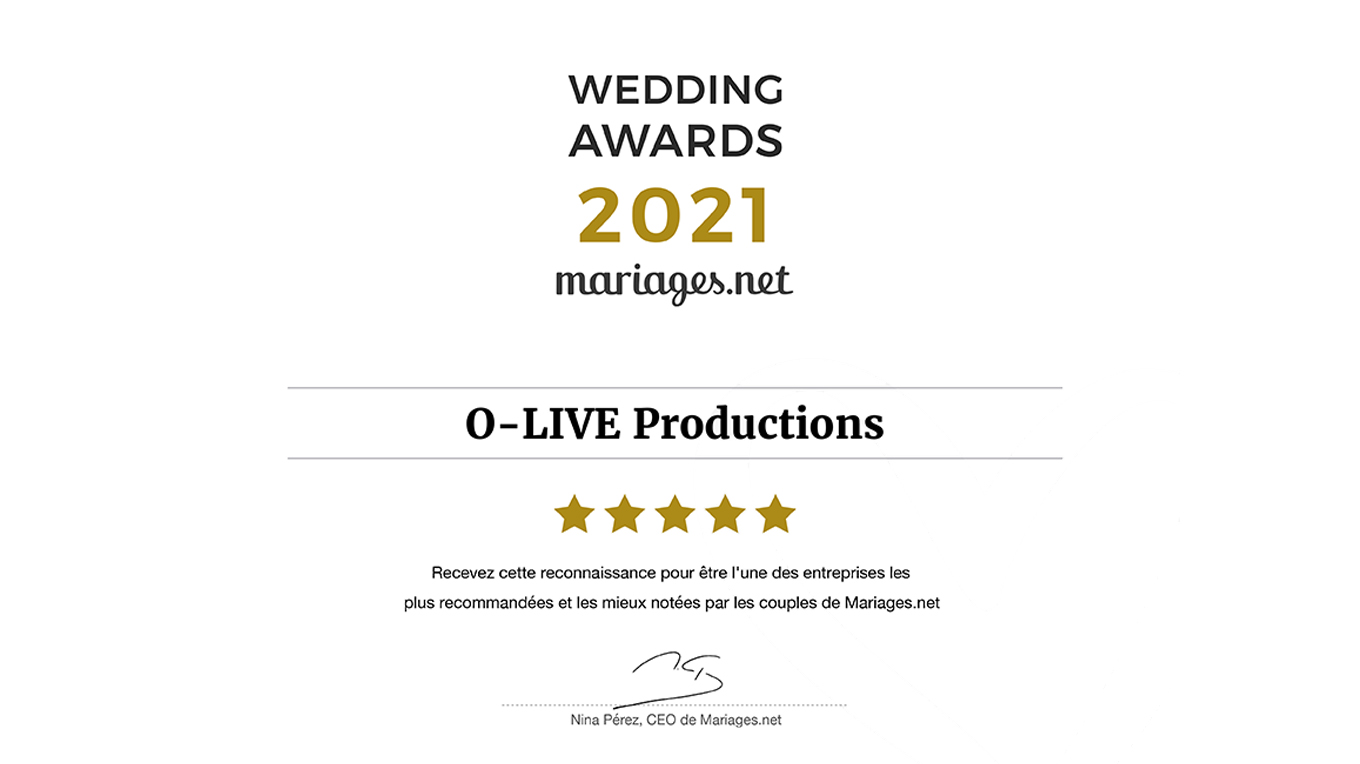 Mariages Wedding Récompense Award Meilleur Best DJ Animation O-LIVE Productions Mariages.net Musique 2021 Lille Nord France